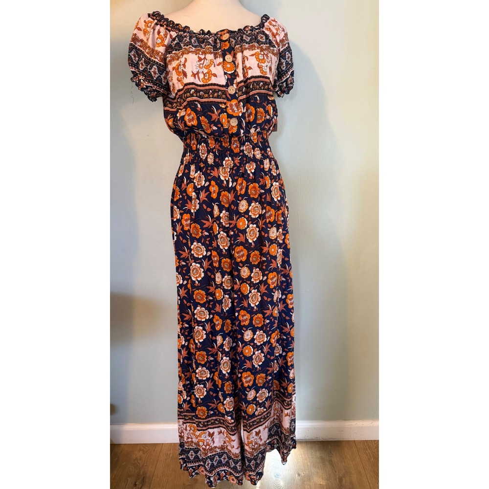 Floral Boho Jumpsuit NavyOrange Smocked bohemian whimsigothfestival dainty L NWT